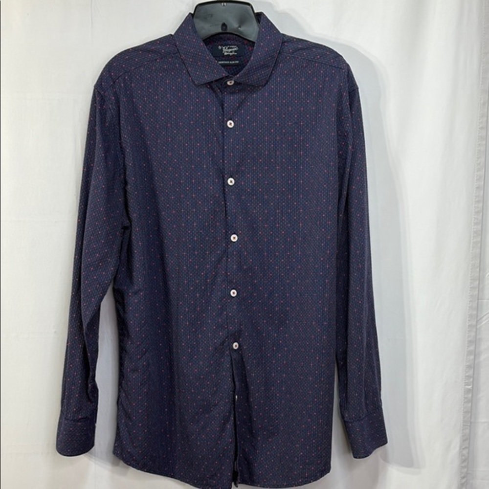 🍟Original Penguin blue red cotton heritage Slim fit spread collar dress shirt